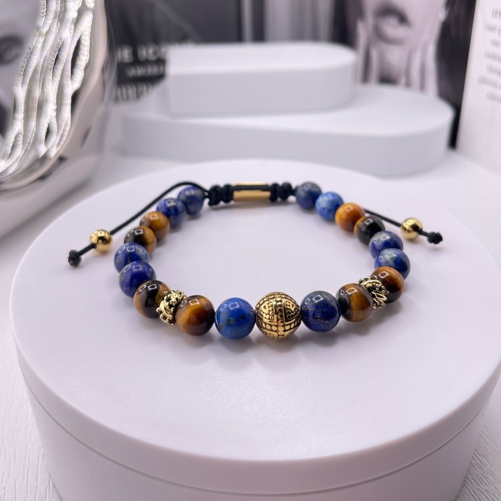 Tiger's Eye, Green Jasper, Smoky Quartz & Gold Color Beads Bracelet